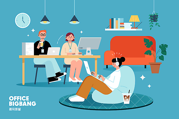 전신 여자 남자 하늘색 의자 일러스트 회사 앉기 성인 세명 노트북 인테리어 컴퓨터 사무실 타이핑 성인만 오피스빅뱅 국내일러스트 AI파일 디자인 가구 비즈니스 모션 사람 파란색 전자제품 파일형식 벡터