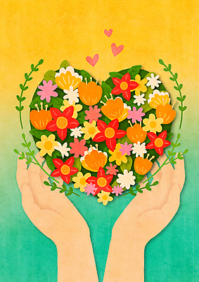 PSD 손 꽃 일러스트 들기 사람없음 신체부위 초록색 노란색 하트 그라데이션 치유 국내일러스트 모양 식물 컬러 모션 사람 파일형식