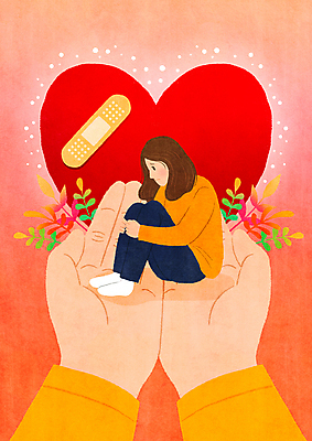 전신 PSD 손 여자 일러스트 한명 들기 성인 신체부위 주황색 슬픔 하트 마음 반창고 힐링 웅크림 위로 우울증 치유 성인여자한명만 국내일러스트 모양 1 감정 컬러 모션 사람 의료용품 질병 여자한명만 성인여자만 파일형식