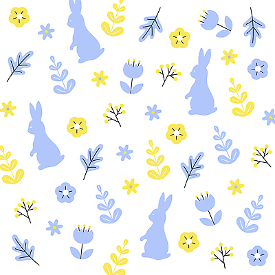 꽃 실루엣 패턴 일러스트 사람없음 파란색 노란색 유행 토끼 트렌드컬러 국내일러스트 AI파일 식물 컬러 무늬 포유류 촬영기법 반려동물 파일형식 벡터