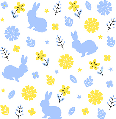 꽃 실루엣 패턴 일러스트 사람없음 파란색 노란색 유행 토끼 트렌드컬러 국내일러스트 AI파일 식물 컬러 무늬 포유류 촬영기법 반려동물 파일형식 벡터