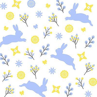 꽃 실루엣 패턴 일러스트 사람없음 파란색 노란색 유행 토끼 트렌드컬러 국내일러스트 AI파일 식물 컬러 무늬 포유류 촬영기법 반려동물 파일형식 벡터