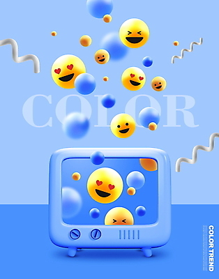 PSD 편집이미지 표정 사람없음 파란색 노란색 유행 텔레비전 원형 이모티콘 트렌드컬러 이미지편집 도형 컬러 전자제품 파일형식