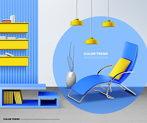 PSD 편집이미지 의자 조명 책장 선반 사람없음 파란색 인테리어 노란색 유행 트렌드컬러 이미지편집 디자인 컬러 가구 파일형식