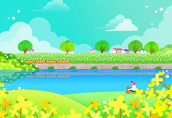 전신 PSD 남자 어린이 일러스트 하늘 한명 앉기 풍경 소년 초록색 봄 기차 개나리 소년한명만 국내일러스트 1 계절 꽃 육상교통 컬러 모션 대중교통 사람 남자한명만 소년만 파일형식