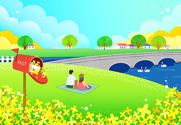 전신 PSD 여자 남자 일러스트 하늘 앉기 풍경 성인 두명 소풍 봄 우체통 개 개나리 돗자리 가교 성인만 국내일러스트 건축물 계절 꽃 포유류 모션 사람 야외활동 파일형식