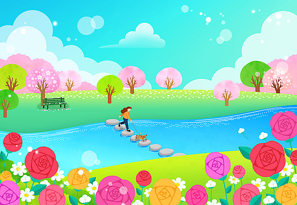 전신 PSD 여자 일러스트 하늘 한명 풍경 성인 강 장미 계곡 봄 산책 개 징검다리 성인여자한명만 국내일러스트 1 계절 꽃 포유류 휴식 사람 다리_건축물 여자한명만 성인여자만 파일형식