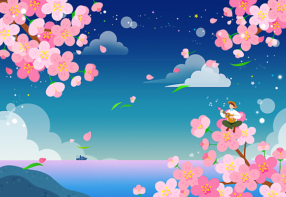 전신 PSD 남자 꽃잎 바다 분홍색 연주 일러스트 하늘 한명 풍경 성인 봄 벚꽃 기타 야간 남색 성인남자한명만 국내일러스트 자연요소 1 계절 꽃 음악 컬러 현악기 사람 남자한명만 성인남자만 파일형식