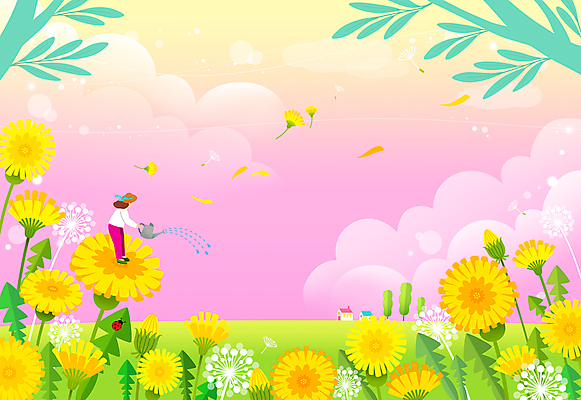 전신 PSD 여자 분홍색 일러스트 하늘 한명 들기 풍경 성인 봄 물뿌리개 물주기 민들레홀씨 성인여자한명만 국내일러스트 1 계절 컬러 모션 사람 민들레 여자한명만 성인여자만 파일형식