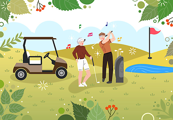 전신 여자 할아버지 노년 남자 할머니 여유 골프 일러스트 골프장 휴가 나뭇잎 들기 두명 노부부 골프채 즐거움 골프카트 노인만 국내일러스트 AI파일 부부 감정 잎 스포츠시설 모션 골프용품 사람 성인 구기 성인만 파일형식 벡터
