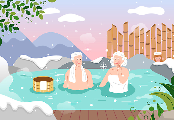 여자 할아버지 노년 남자 할머니 여유 일러스트 휴가 상반신 두명 노부부 즐거움 입가림 노천온천 노천탕 노인만 국내일러스트 AI파일 부부 감정 사람 성인 온천 가림 성인만 파일형식 벡터