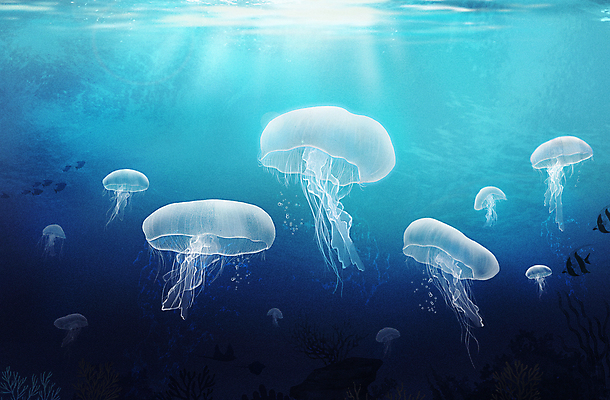 PSD 바다 여러마리 일러스트 사람없음 파란색 바닷속 수중 자포동물 해파리 국내일러스트 컬러 다수 수중동물 파일형식