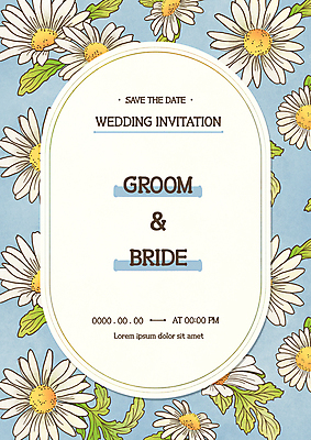 PSD 하늘색 일러스트 프레임 사람없음 앤티크 빈티지 청첩장 데이지 초대장 보테니컬아트 국내일러스트 꽃 컨셉 카드_감사 파란색 파일형식