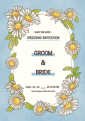 PSD 하늘색 일러스트 프레임 사람없음 앤티크 빈티지 청첩장 데이지 초대장 보테니컬아트 국내일러스트 꽃 컨셉 카드_감사 파란색 파일형식