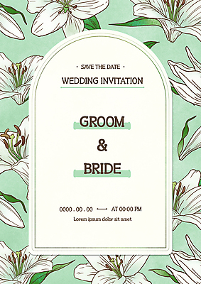 PSD 일러스트 프레임 사람없음 초록색 앤티크 빈티지 백합 청첩장 초대장 보테니컬아트 국내일러스트 꽃 컬러 컨셉 카드_감사 파일형식