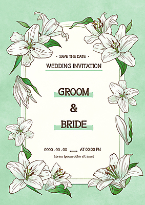 PSD 일러스트 프레임 사람없음 초록색 앤티크 빈티지 백합 청첩장 초대장 보테니컬아트 국내일러스트 꽃 컬러 컨셉 카드_감사 파일형식