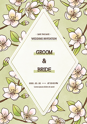 PSD 일러스트 프레임 사람없음 연두색 앤티크 벚꽃 빈티지 청첩장 초대장 마름모 보테니컬아트 국내일러스트 도형 꽃 컨셉 카드_감사 초록색 파일형식