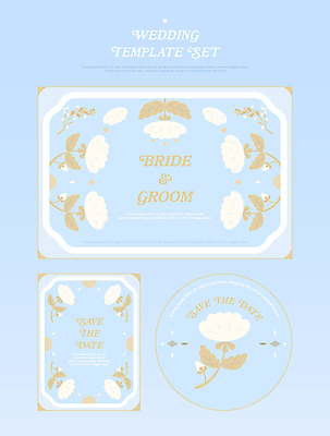 꽃 하늘색 스티커 일러스트 사람없음 세트 빈티지 청첩장 초대장 국내일러스트 AI파일 식물 컨셉 카드_감사 파란색 파일형식 벡터