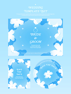 꽃 하늘색 스티커 일러스트 사람없음 세트 빈티지 청첩장 초대장 국내일러스트 AI파일 식물 컨셉 카드_감사 파란색 파일형식 벡터