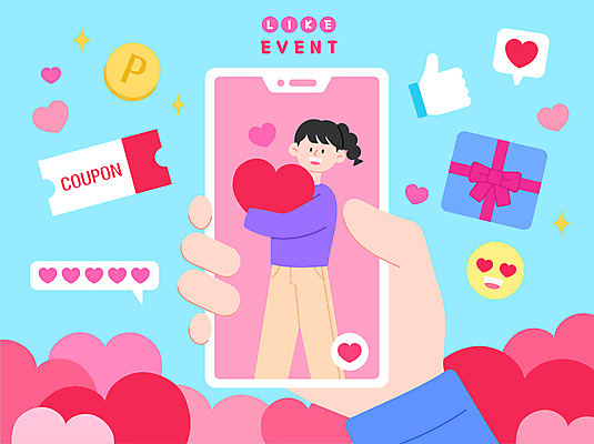 전신 손 여자 분홍색 하늘색 일러스트 한명 들기 이벤트 성인 신체부위 스마트폰 하트 소셜네트워크 좋음 성인여자한명만 국내일러스트 AI파일 모양 1 컬러 컨셉 모션 사람 파란색 핸드폰 스마트기기 여자한명만 성인여자만 파일형식 벡터