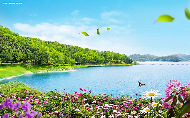 PSD 편집이미지 호수 꽃밭 자연 풍경 사람없음 봄 이미지편집 계절 꽃 생태계 파일형식