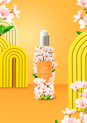 PSD 편집이미지 사람없음 노란색 화장품 벚꽃 병 이미지편집 식기 꽃 컬러 뷰티 파일형식