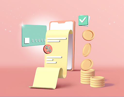 PSD 편집이미지 분홍색 사람없음 스마트폰 3D 동전 신용카드 체크표시 영수증 편집3D 컬러 돈 금융 핸드폰 스마트기기 디지털합성 확인 파일형식