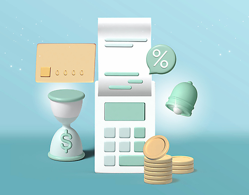 PSD 편집이미지 하늘색 사람없음 3D 동전 계산기 종 신용카드 모래시계 영수증 편집3D 모래 시계 돈 문구용품 금융 파란색 장비 디지털합성 파일형식