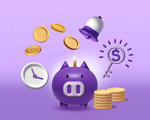 PSD 편집이미지 시계 열쇠 사람없음 3D 보라색 동전 돼지저금통 종 편집3D 컬러 돈 저금통 디지털합성 파일형식