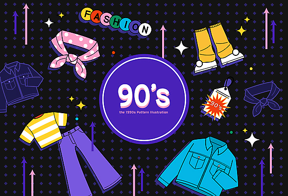패션 패턴 일러스트 사람없음 보라색 검은색 물방울무늬 스카프 복고 청자켓 나팔바지 발토시 국내일러스트 AI파일 컬러 무늬 바지 목도리 재킷 토시 파일형식 벡터