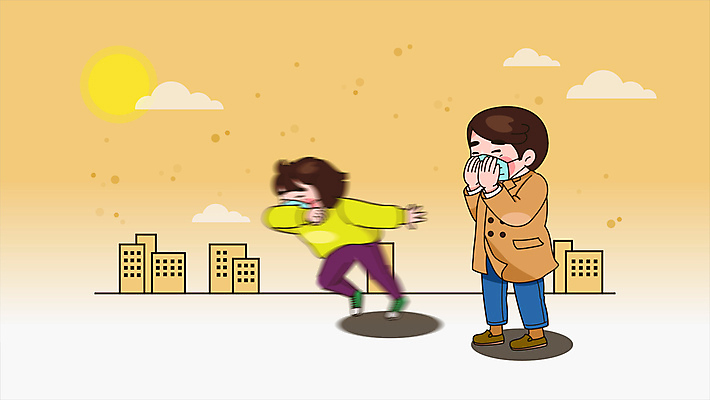 전신 여자 남자 마스크 성인 두명 달리기 노란색 입가림 기침 재채기 황사 성인만 미세먼지 모션그래픽 MP4 MOV 컬러 모션 사람 가림 먼지 동영상 파일형식
