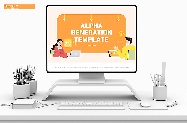 템플릿 여자 남자 상반신 성인 두명 노트북 유행 주황색 PPT 프레젠테이션 문서템플릿 성인만 애니형PPT 2023년 9P 알파세대 이미지템플릿 컬러 사람 전자제품 연도 세대 파일형식