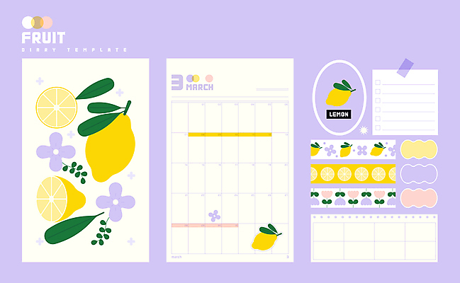 꽃 내지 일러스트 문구용품 사람없음 세트 다이어리 메모지 3월 레몬 팬시 연보라색 스케쥴러 꾸미기 플래너 마스킹테이프 카피스페이스 다꾸 국내일러스트 AI파일 식물 과일 사무용품 보라색 공백 날짜 오브젝트 테이프 신조어 약어 파일형식 벡터