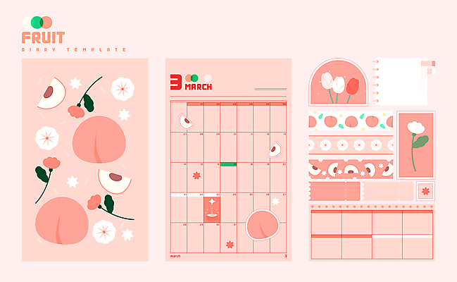 꽃 내지 분홍색 일러스트 사람없음 세트 다이어리 메모지 3월 복숭아 팬시 스케쥴러 꾸미기 플래너 마스킹테이프 카피스페이스 다꾸 국내일러스트 AI파일 식물 컬러 과일 사무용품 공백 날짜 테이프 신조어 약어 파일형식 벡터