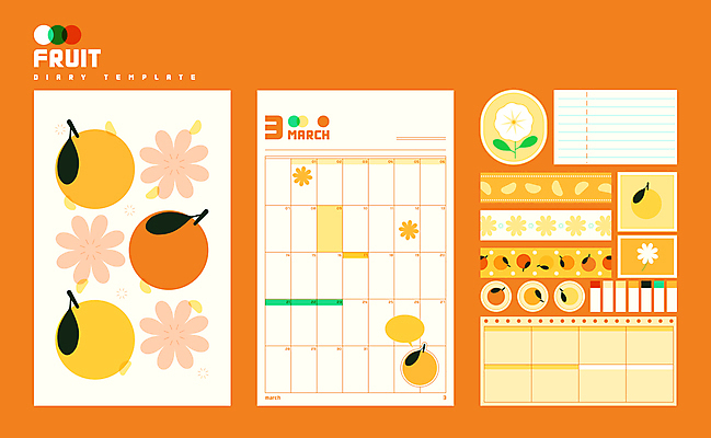 꽃 내지 오렌지 일러스트 사람없음 세트 다이어리 주황색 메모지 3월 팬시 스케쥴러 꾸미기 플래너 마스킹테이프 카피스페이스 다꾸 국내일러스트 AI파일 식물 컬러 과일 사무용품 공백 날짜 테이프 신조어 약어 파일형식 벡터