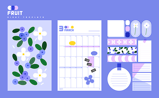 꽃 내지 일러스트 문구용품 사람없음 세트 다이어리 보라색 메모지 3월 블루베리 팬시 스케쥴러 꾸미기 플래너 마스킹테이프 카피스페이스 다꾸 국내일러스트 AI파일 식물 컬러 과일 사무용품 공백 날짜 오브젝트 테이프 신조어 약어 파일형식 벡터