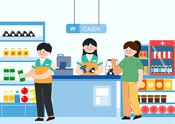 전신 여자 남자 하늘색 일러스트 들기 상반신 성인 세명 계산 상품 직원 진열장 아르바이트 편의점 성인만 국내일러스트 AI파일 모션 사람 파란색 상점 파일형식 벡터