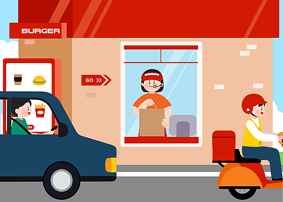 전신 여자 남자 일러스트 승용차 패스트푸드 들기 상반신 성인 세명 쇼핑백 오토바이 배달원 승차 아르바이트 성인만 드라이브스루 국내일러스트 AI파일 직업 가방 모션 자동차 사람 바이크 인스턴트 파일형식 벡터