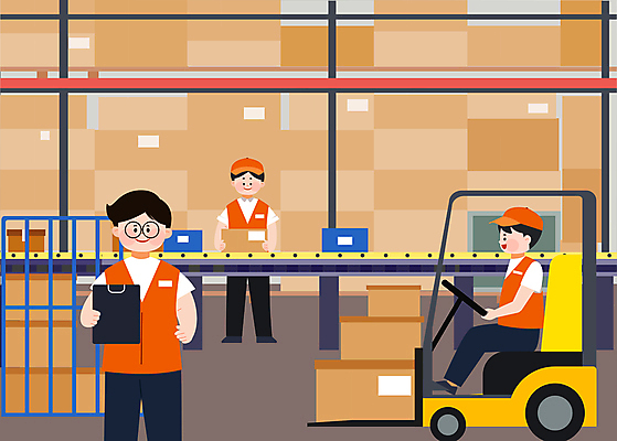 전신 남자 일러스트 들기 상반신 성인 세명 상자 갈색 운반 승차 지게차 아르바이트 물류창고 컨베어밸트 성인남자만 물류센터 국내일러스트 AI파일 컬러 모션 사람 기계 중장비 창고 남자만 성인만 파일형식 벡터