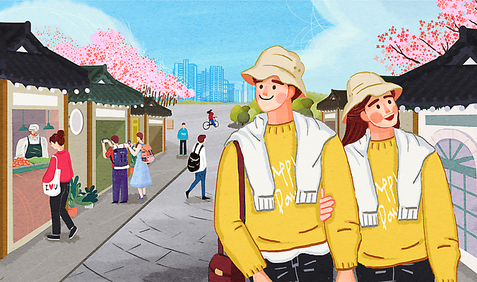 전신 PSD 커플 여자 남자 여행 일러스트 기와 여러명 상반신 성인 걷기 팔짱 상점 경주 벚나무 구경 커플룩 성인만 황리단길 국내일러스트 나무 옷 다수 관계 모션 사람 벚꽃 경주_경상북도 경상북도 파일형식