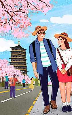 전신 PSD 커플 여자 남자 길 여행 일러스트 여러명 성인 걷기 벚꽃 경주 벚나무 손모으기 성인만 황룡사구층목탑 국내일러스트 나무 꽃 다수 관계 모션 사람 손짓 탑 경주_경상북도 경상북도 파일형식