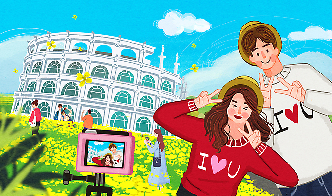 PSD 커플 여자 남자 여행 꽃밭 일러스트 여러명 상반신 성인 카메라 사진촬영 경주 커플룩 브이 콜로세움 성인만 국내일러스트 옷 꽃 다수 관계 사람 손짓 전자제품 촬영 로마 경상북도 파일형식