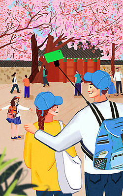 전신 PSD 커플 여자 남자 여행 가방 일러스트 여러명 상반신 성인 벚꽃 벚나무 셀프카메라 매기 셀카봉 성인만 어깨에손 국내일러스트 나무 잡화 꽃 다수 관계 모션 사람 사진촬영 파일형식