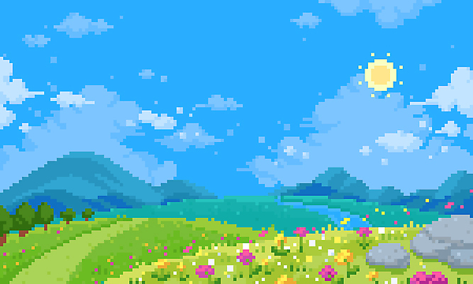 PSD 구름 꽃 길 하늘색 백그라운드 일러스트 자연 하늘 산 풍경 초원 사람없음 태양 픽셀 국내일러스트 자연요소 식물 파란색 생태계 파일형식