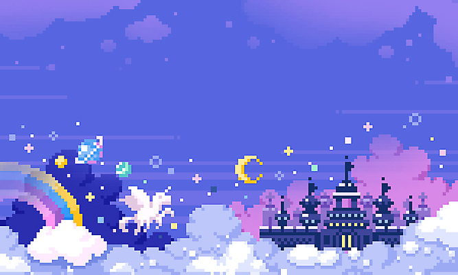 PSD 구름 백그라운드 무지개 일러스트 하늘 사람없음 반짝임 판타지 보라색 성 유니콘 몽환 픽셀 국내일러스트 자연요소 건축물 컬러 컨셉 모션 상상 파일형식