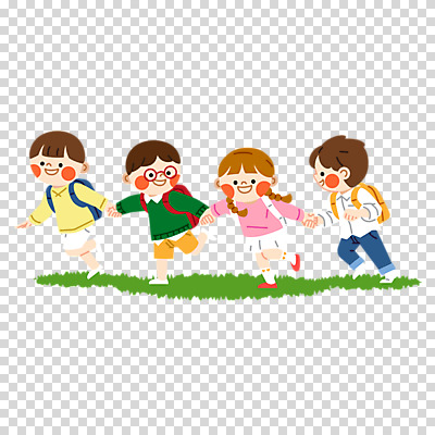 전신 편집이미지 여자 남자 어린이 책가방 미소 누끼 소녀 소년 잔디 여러명 달리기 마주보기 손잡기 PNG 어린이만 식물 다수 가방 모션 표정 사람 파일형식