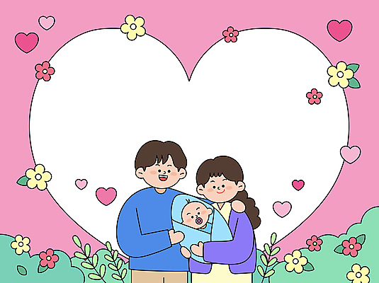 여자 남자 꽃 행복 분홍색 일러스트 가족 안기 프레임 사랑 상반신 성인 세명 화목 하트 아기 풀 어깨에손 국내일러스트 AI파일 모양 식물 감정 컬러 컨셉 관계 모션 사람 파일형식 벡터