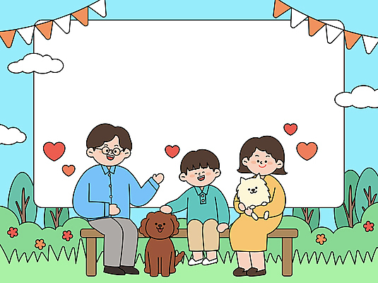 나무 공원 여자 남자 행복 반려견 어린이 벤치 일러스트 가족 안기 프레임 앉기 소년 성인 세명 반려동물 손들기 사각형 화목 하트 풀 가랜드 쓰다듬기 국내일러스트 AI파일 모양 도형 식물 동물 공공시설 감정 컨셉 의자 관계 모션 사람 개 파티용품 파일형식 벡터