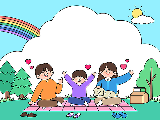 전신 나무 구름 여자 남자 행복 반려견 어린이 신발 무지개 일러스트 가족 프레임 앉기 소년 성인 세명 반려동물 태양 소풍 손들기 화목 돗자리 따봉 소풍바구니 쓰다듬기 국내일러스트 AI파일 자연요소 식물 동물 감정 컨셉 관계 모션 사람 야외활동 바구니 최고 개 파일형식 벡터