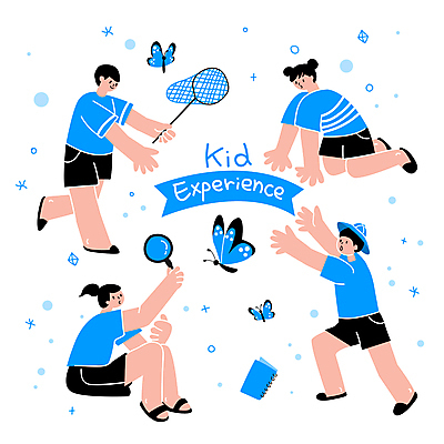 전신 여자 남자 어린이 나비 일러스트 돋보기 서기 들기 앉기 소녀 소년 여러명 파란색 다이어리 체험학습 곤충채집 채집망 어린이만 휘두르기 국내일러스트 AI파일 컬러 다수 곤충 모션 사람 사무용품 체험 수집 파일형식 벡터